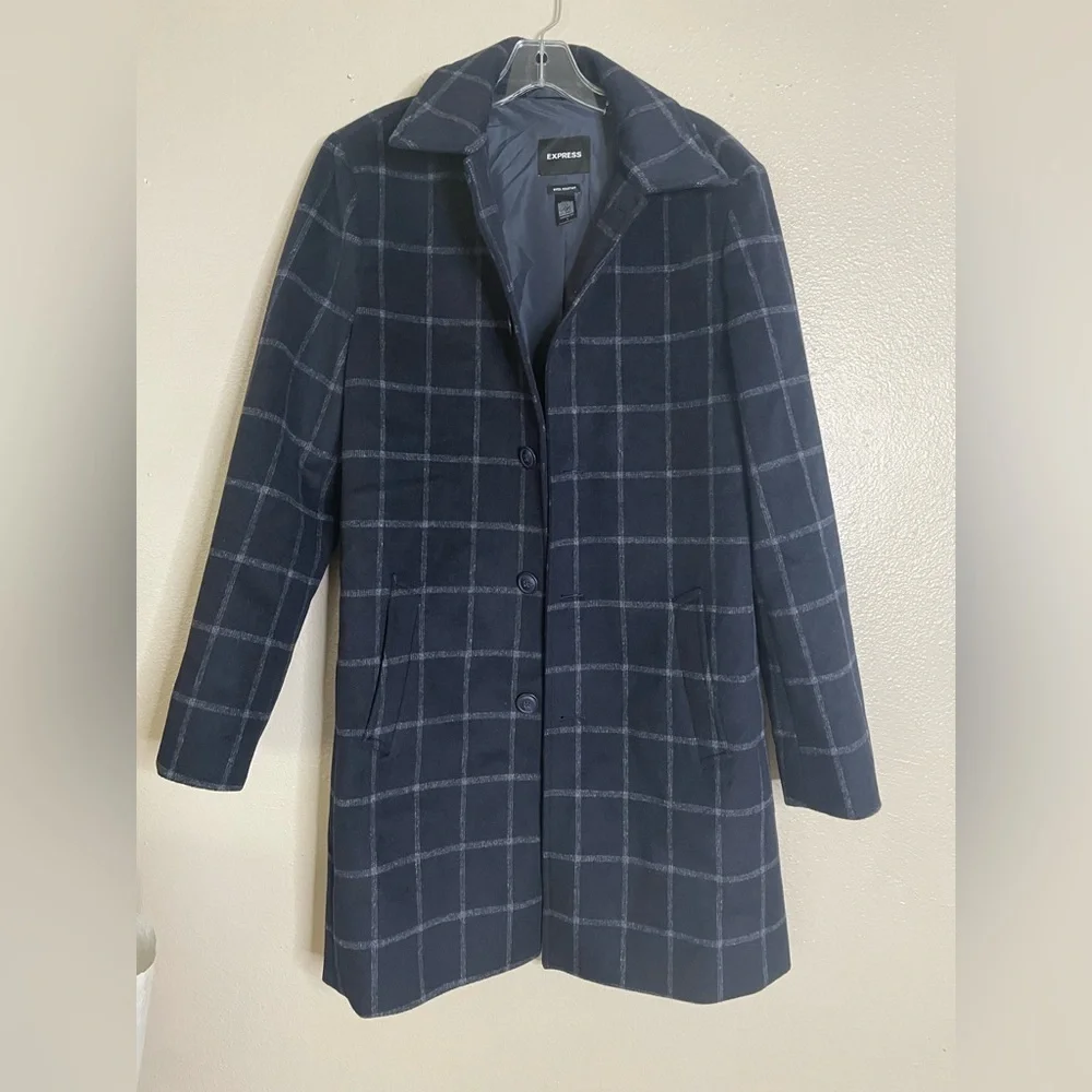 Express Men's Wool Blend Dark Blue Plaid TopCoat size Small
